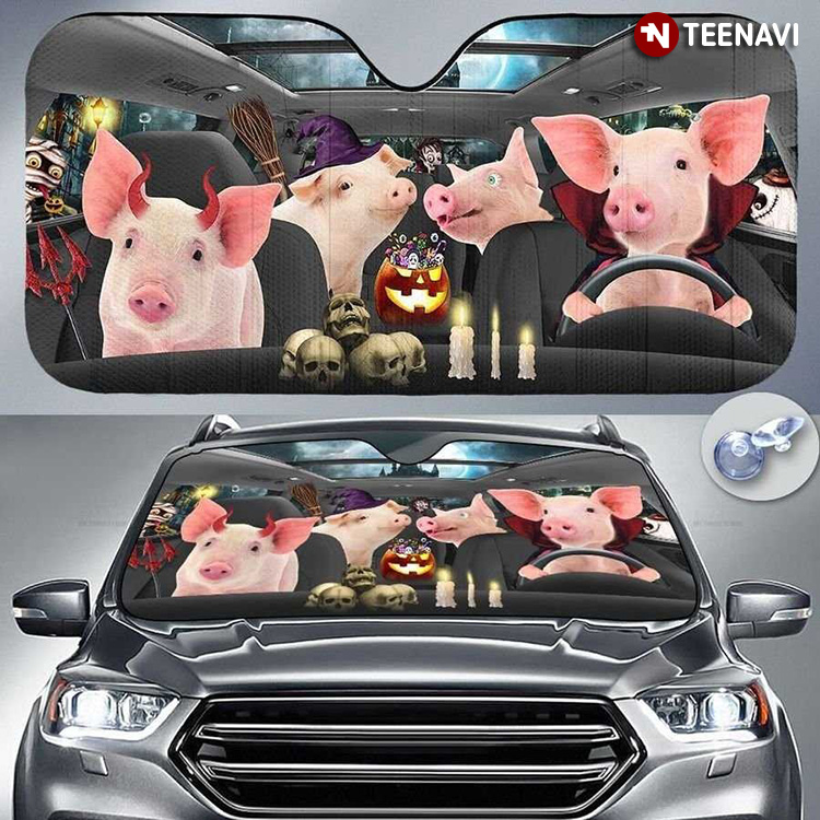 Pig Funny Driving A Car For Halloween Night