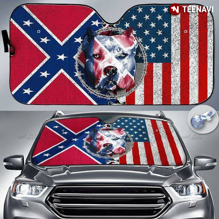 Pitbull Strong Confederate Flag Driving American Flag