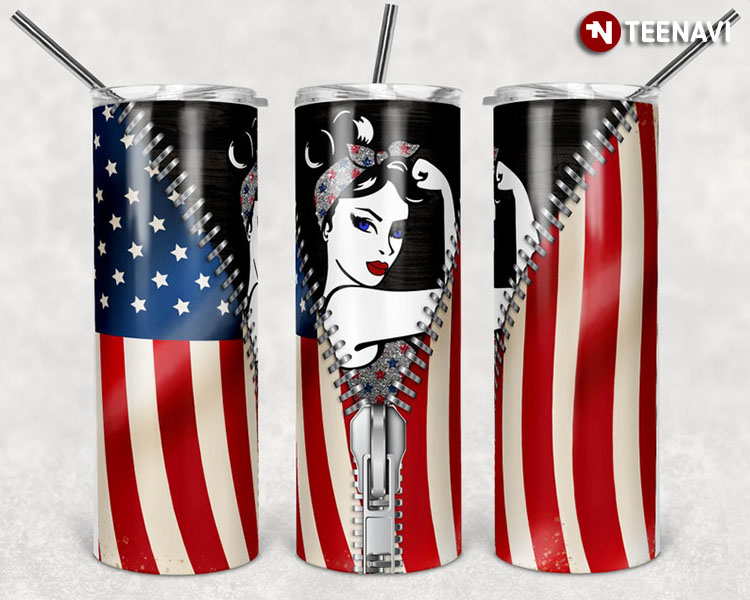 Graphic Skinny Tumbler- American Flag Boobies - 20oz Cup / Mug With Straw