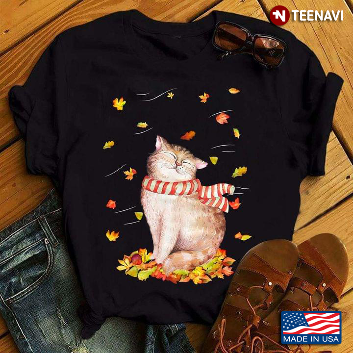 Cat With Scarf And Autumn Leaves Happy Fall