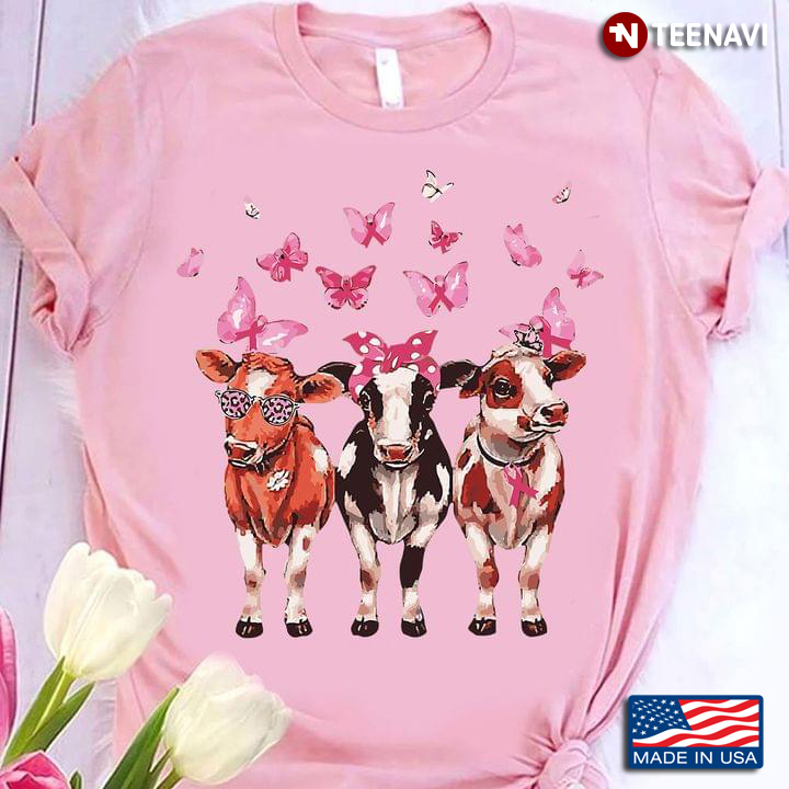 Funny Cows With Headband And Glasses Breast Cancer Awareness Butterflies Leopard