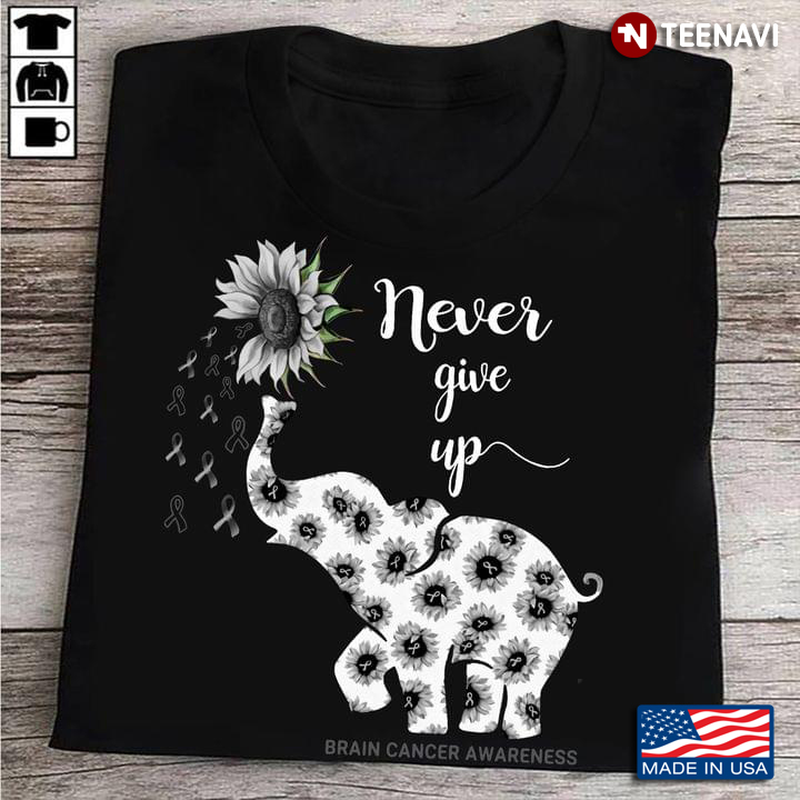 Never Give Up Brain Cancer Awareness Elephant With Sunflowers And Ribbons