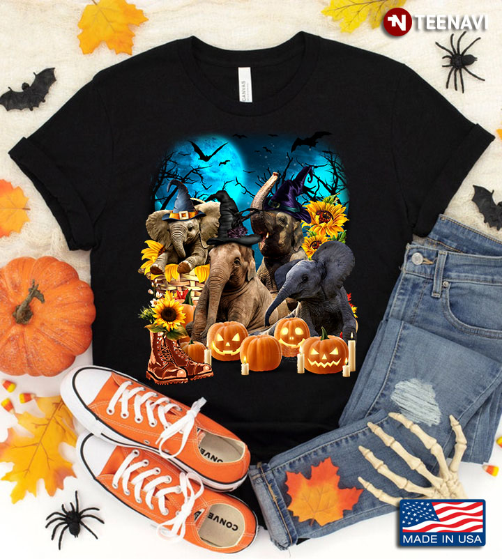 Elephants With Jack O' Lanterns And Sunflowers for Halloween