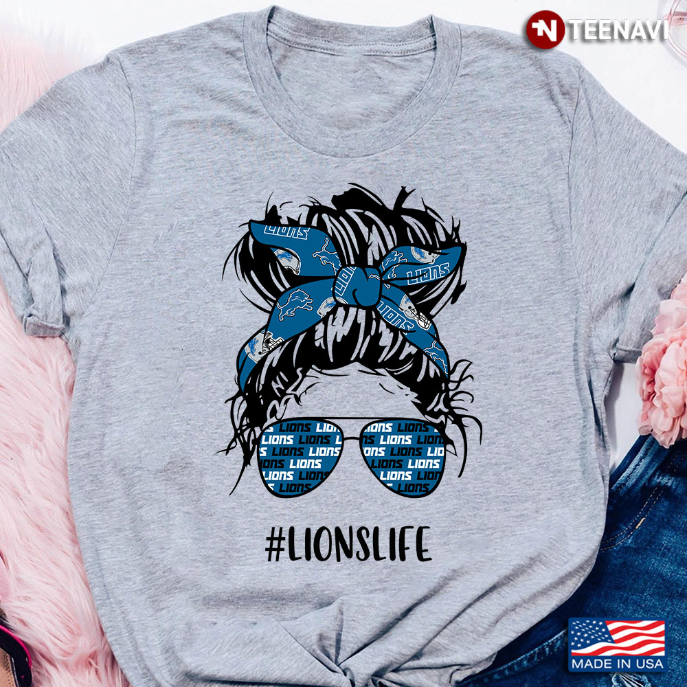 Lions Life Detroit Lions Messy Bun Girl With Headband And Glasses for Football Lover