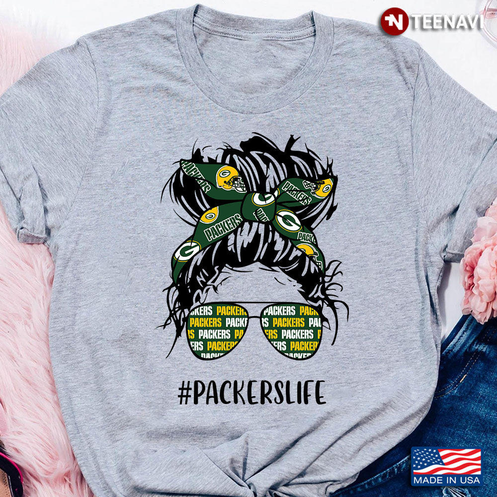 Packers Life Green Bay Packers Messy Bun Girl With Headband And Glasses for  Football Lover T-Shirt - TeeNavi