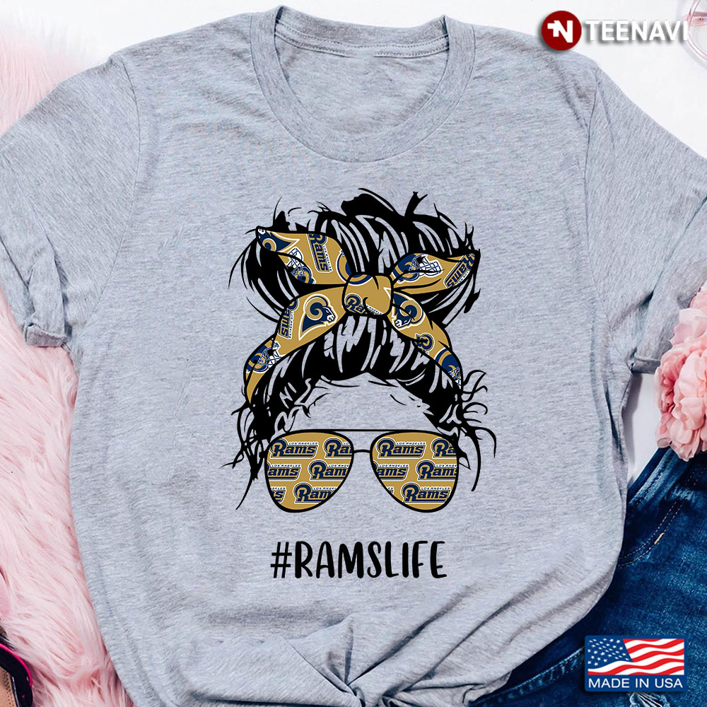 Rams Life Los Angeles Rams Messy Bun Girl With Headband And Glasses for Football Lover