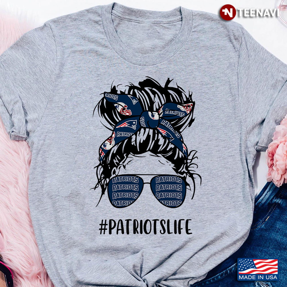 Patriots Life New England Patriots Messy Bun Girl With Headband And Glasses for Football Lover