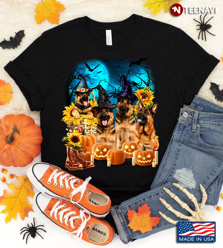 German Shepherd With Jack O' Lanterns And Sunflowers for Halloween