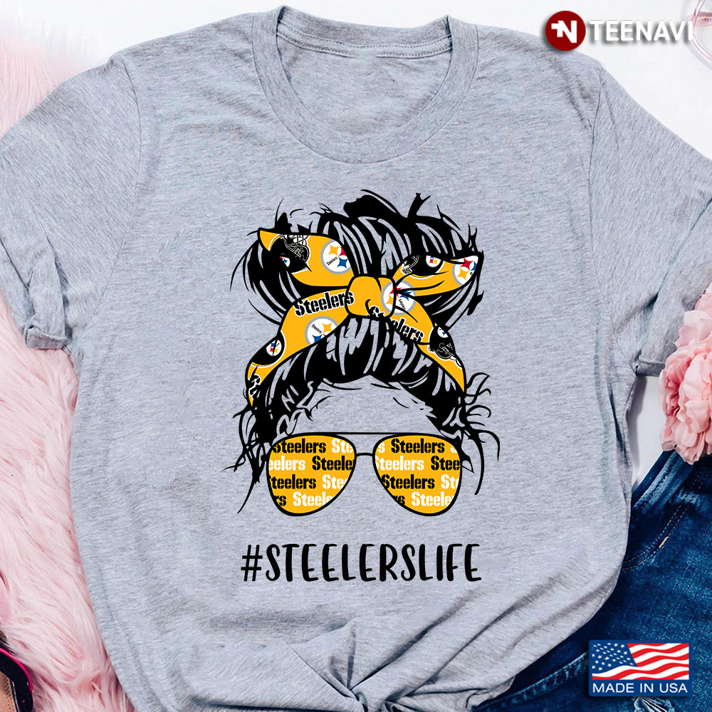 Steelers Life Pittsburgh Steelers Messy Bun Girl With Headband And Glasses for Football Lover