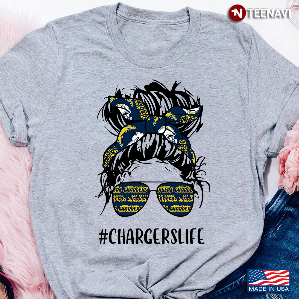 Chargers Life Los Angeles Chargers Messy Bun Girl With Headband And Glasses for Football Lover