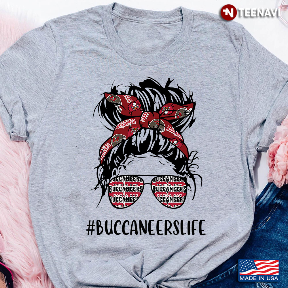 Buccaneers Life Tampa Bay Buccaneers Messy Bun Girl With Headband And Glasses for Football Lover