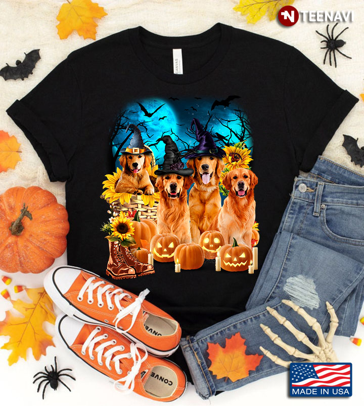 Golden Retriever With Jack O' Lanterns And Sunflowers for Halloween