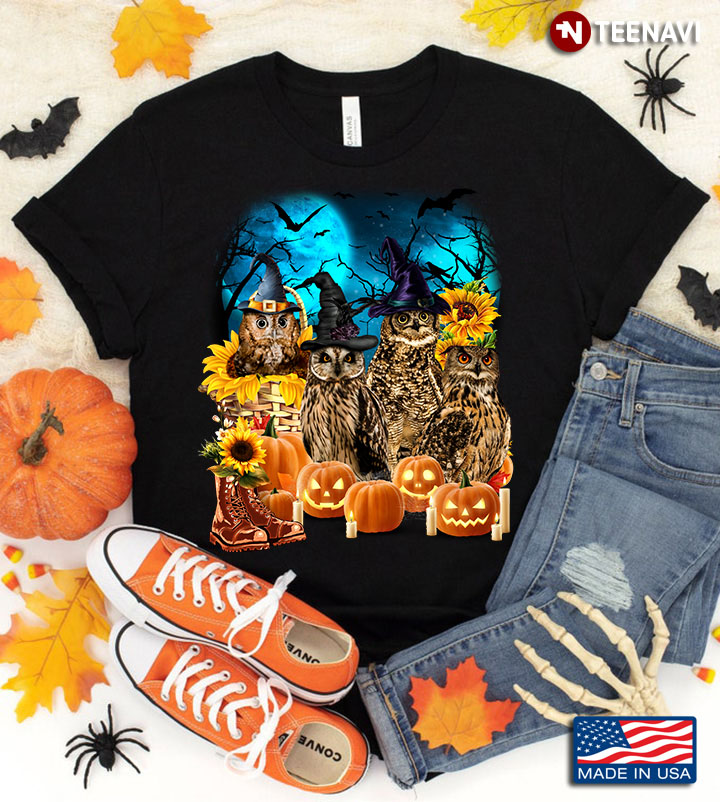 Owls With Jack O' Lanterns And Sunflowers for Halloween