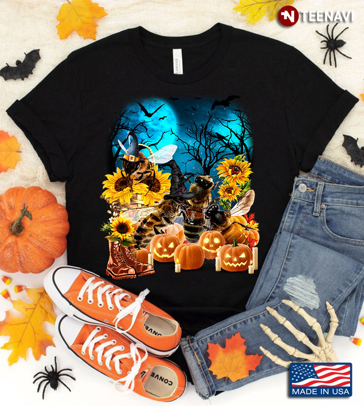 Bees With Jack O' Lanterns And Sunflowers for Halloween