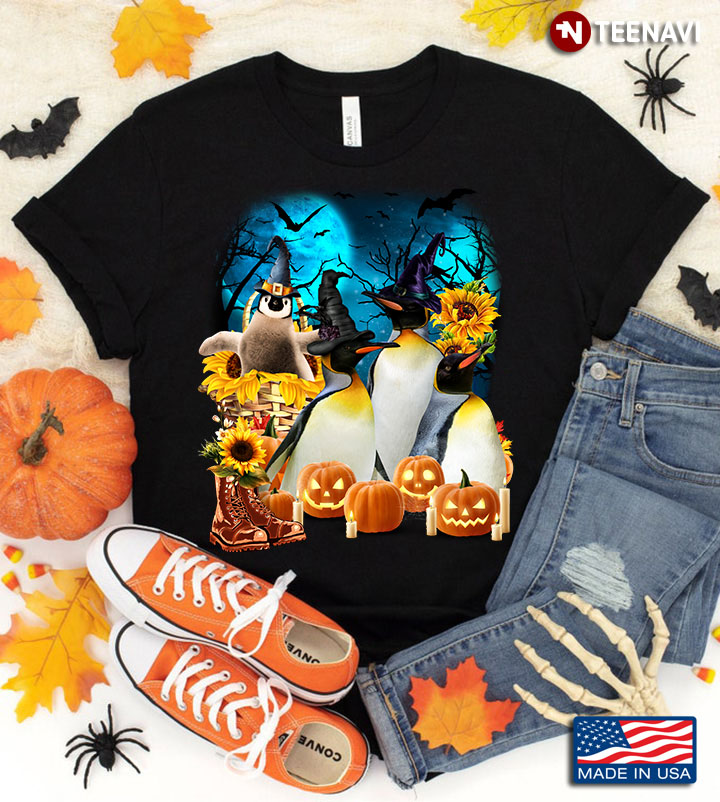 Penguins With Jack O' Lanterns And Sunflowers for Halloween