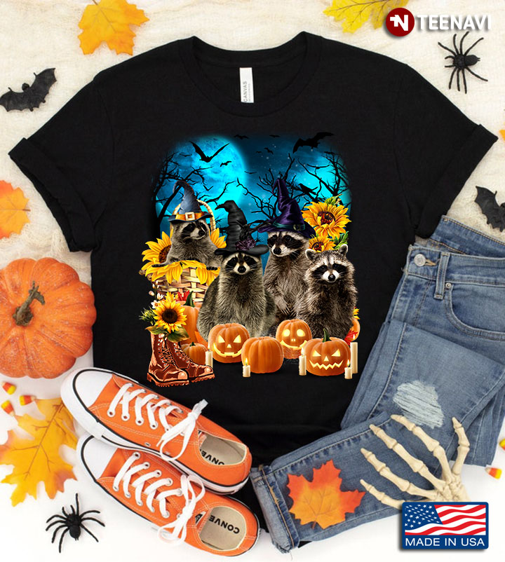 Raccoon With Jack O' Lanterns And Sunflowers for Halloween
