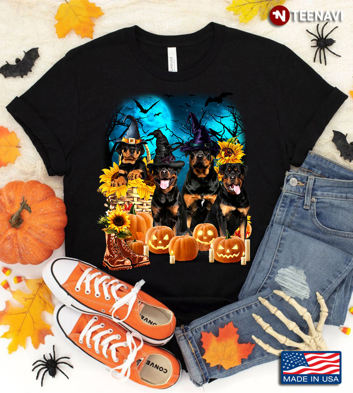 Rottweilers With Jack O' Lanterns And Sunflowers for Halloween