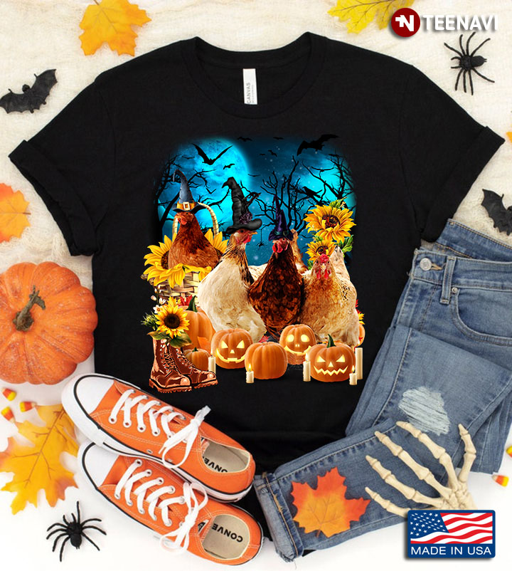 Chickens With Jack O’ Lanterns And Sunflowers for Halloween