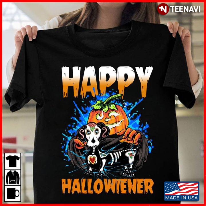 Happy Hallowiener Dachshund Skeleton With Pumpkin for Halloween