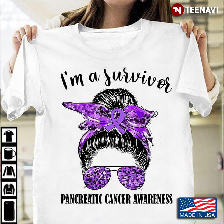 I'm A Survivor Pancreatic Cancer Awareness Messy Bun Girl With Headband And Glasses Leopard