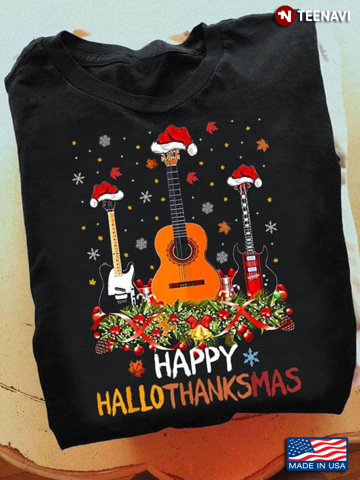 Happy HalloThanksMas Guitars With Santa Hats for Guitar Lover