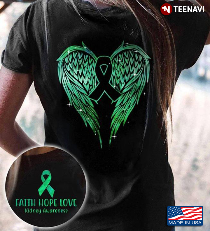 Faith Hope Love Kidney Awareness Ribbon With Green Wings