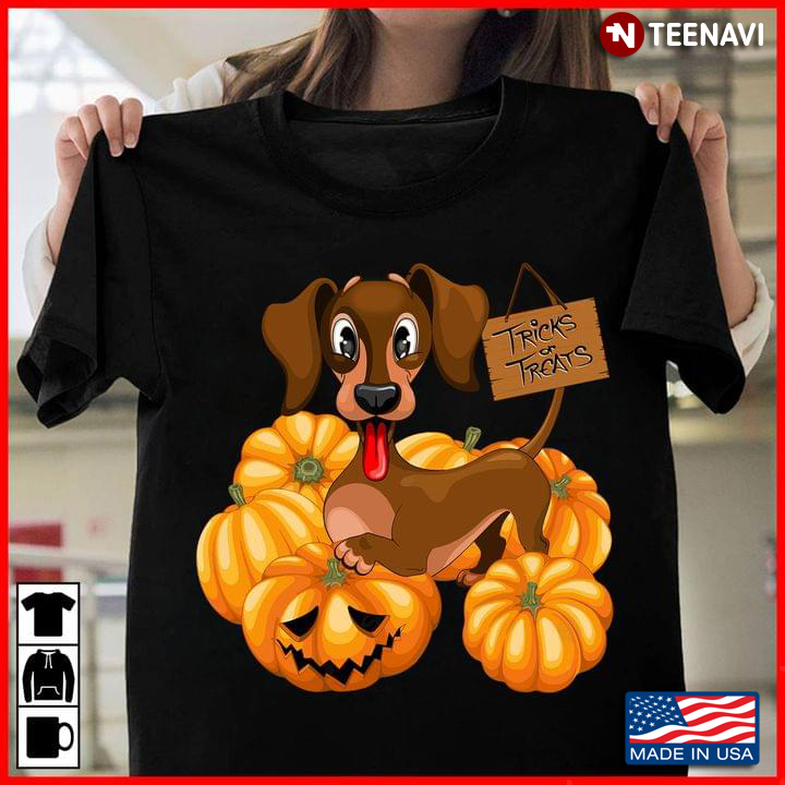 Tricks Or Treats Funny Dachshund With Pumpkins for Halloween T-Shirt