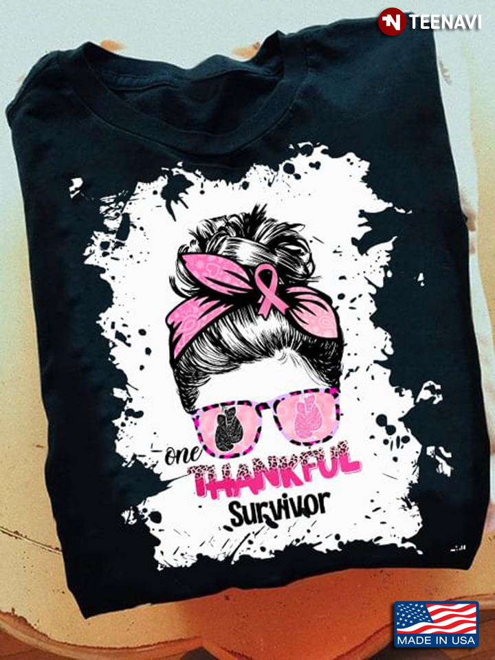 One Thankful Survivor Breast Cancer Awareness Messy Bun Girl With Headband And Glasses Leopard