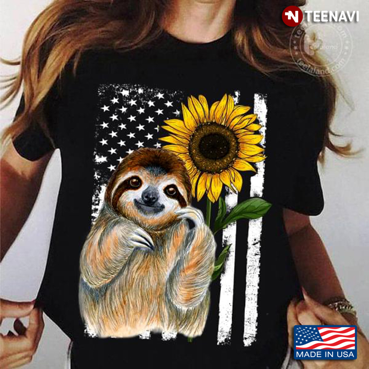 Sloth With Sunflower And American Flag for Animal Lover