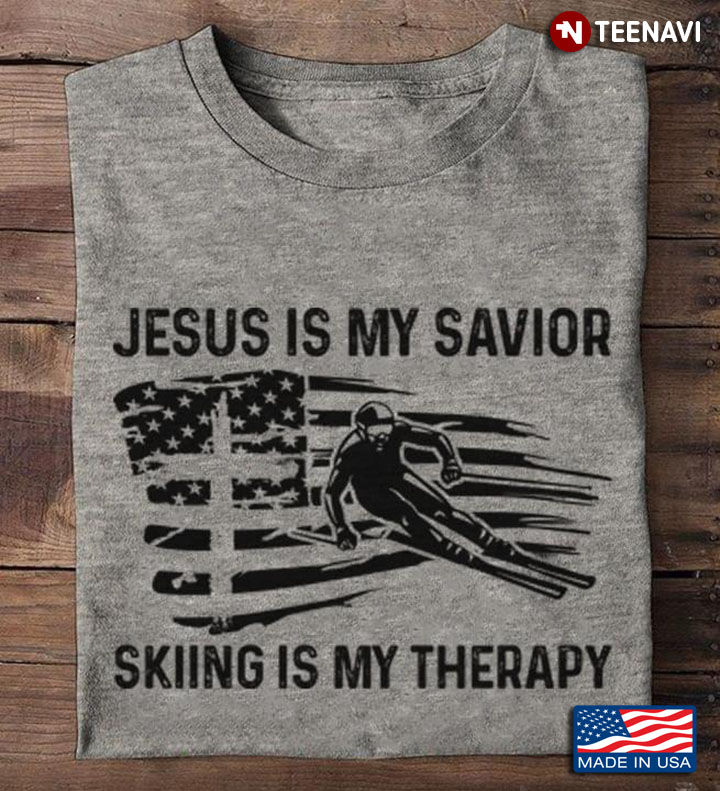 Jesus Is My Savior Skiing Is My Therapy American Flag Cross for Skiing Lover