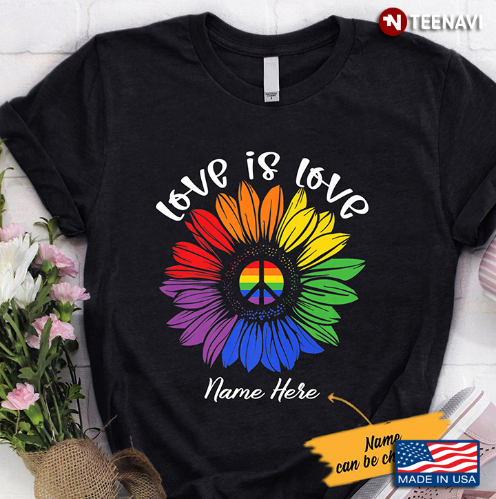 Personalized Name LGBT Love Is Love Sunflower Peace Sign
