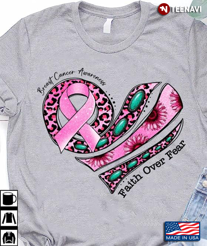 Breast Cancer Awareness Faith Over Fear Pink Ribbon Heart Leopard