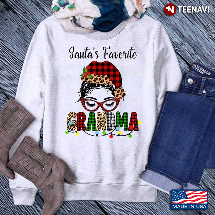 Santa's Favorite Grandma Messy Bun Girl With Santa Hat And Glasses Leopard for Christmas