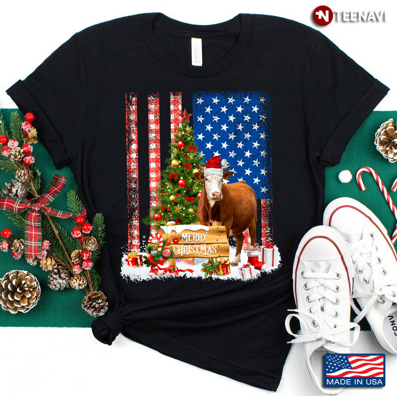 Merry Christmas Cow With Santa Hat And Xmas Tree American Flag
