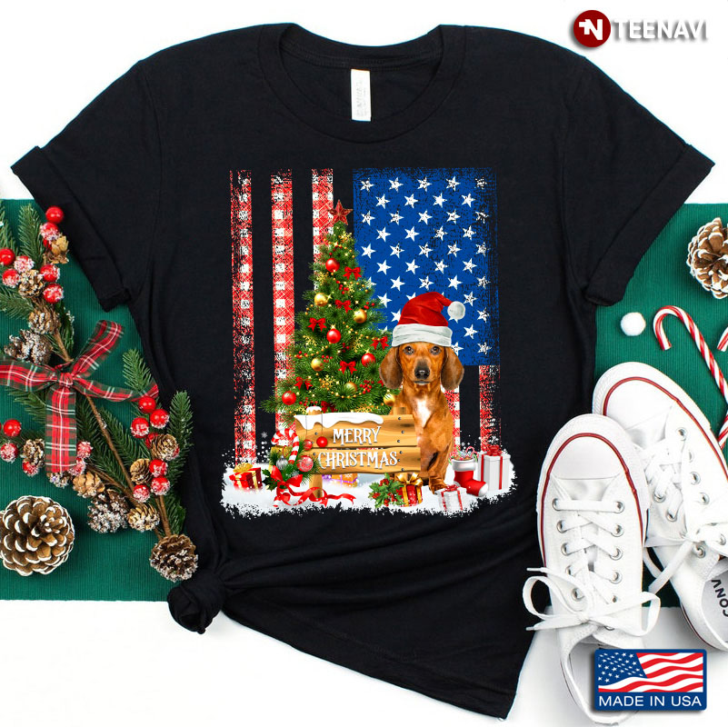 Merry Christmas Dachshund With Santa Hat And Xmas Tree American Flag