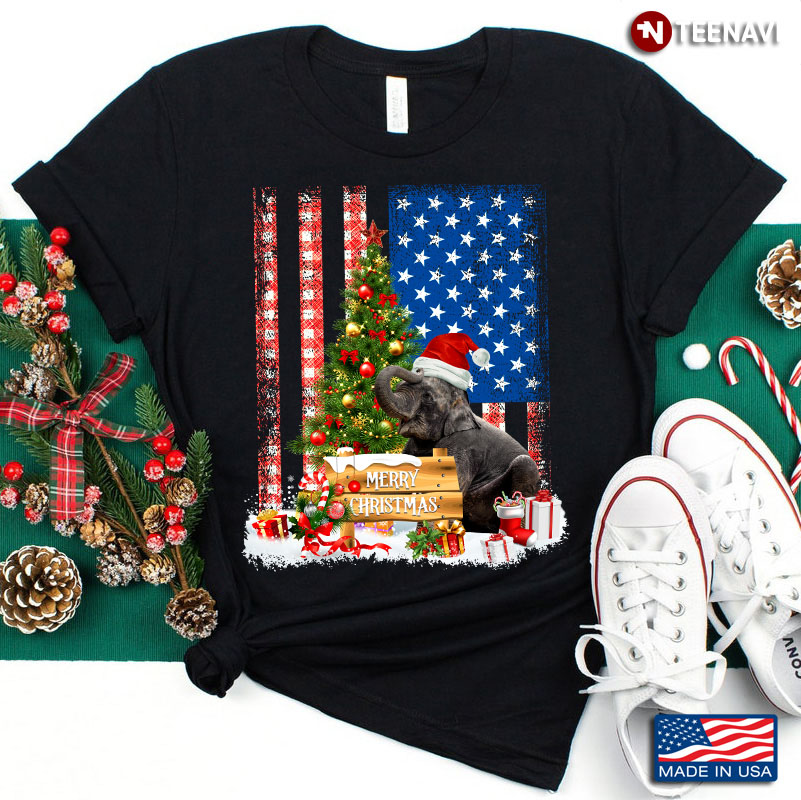 Merry Christmas Elephant With Santa Hat And Xmas Tree American Flag
