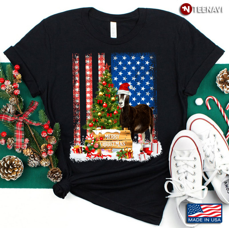Merry Christmas Goat With Santa Hat And Xmas Tree American Flag
