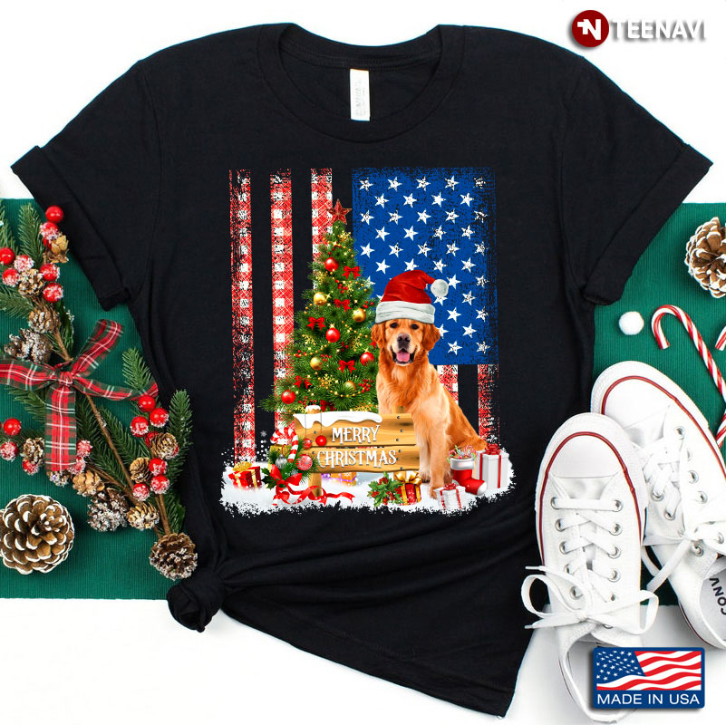 Merry Christmas Golden Retriever With Santa Hat And Xmas Tree American Flag