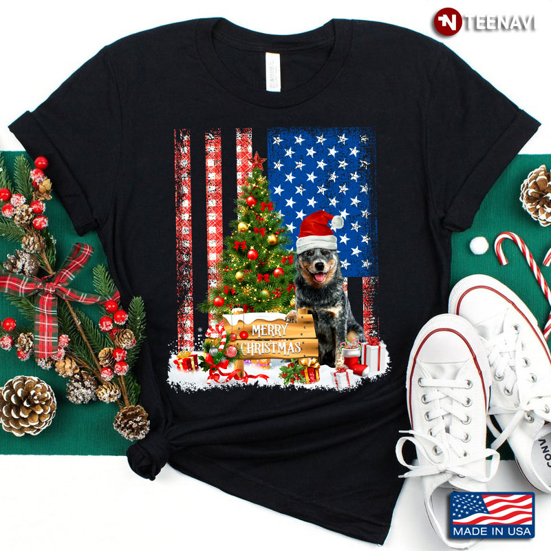 Merry Christmas Heeler With Santa Hat And Xmas Tree American Flag