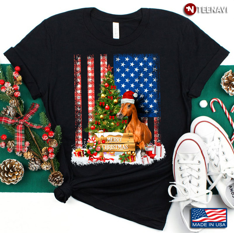 Merry Christmas Horse With Santa Hat And Xmas Tree American Flag