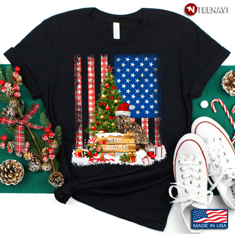 Merry Christmas Owl With Santa Hat And Xmas Tree American Flag