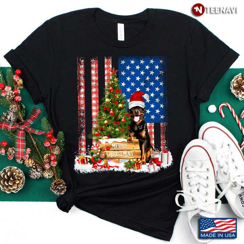 Merry Christmas Rottweiler With Santa Hat And Xmas Tree American Flag