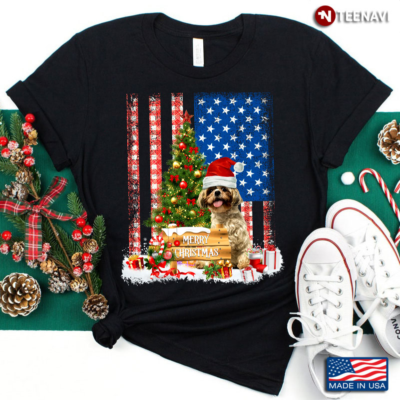 Merry Christmas Shih Tzu With Santa Hat And Xmas Tree American Flag