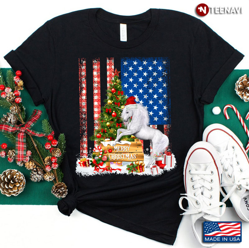 Merry Christmas Unicorn With Santa Hat And Xmas Tree American Flag
