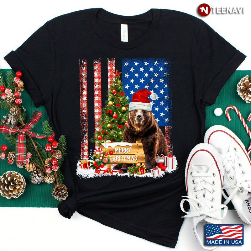 Merry Christmas Bear With Santa Hat And Xmas Tree American Flag