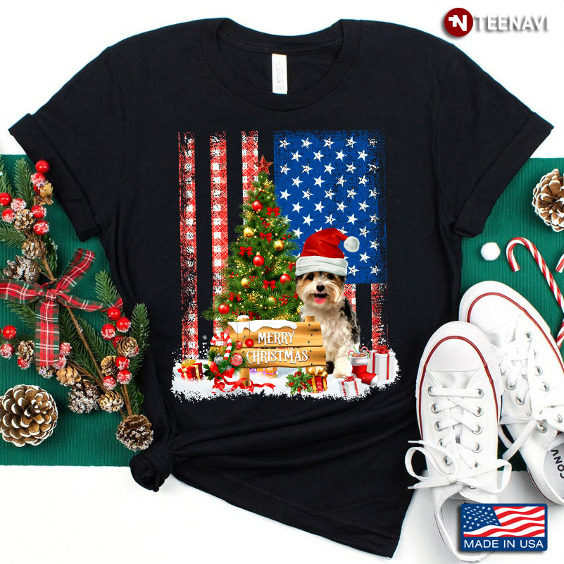 Merry Christmas Yorkshire Terrier With Santa Hat And Xmas Tree American Flag