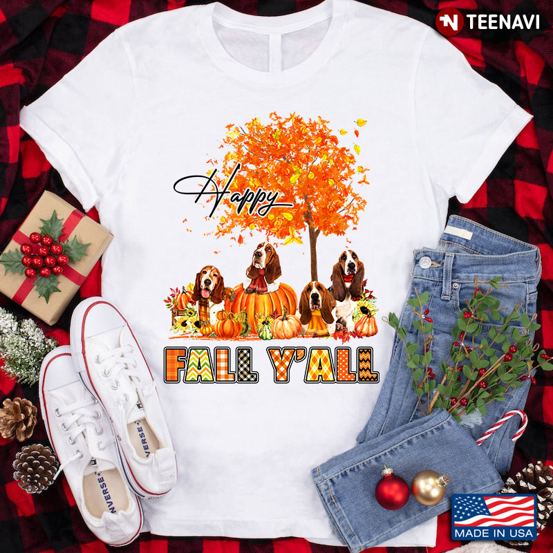 Happy Fall Y'all Basset Hounds With Pumpkins And Sunflowers for Thanksgiving