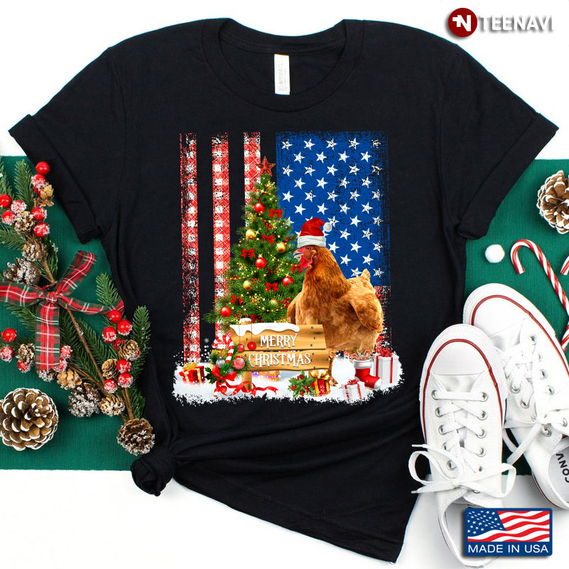Merry Christmas Chicken With Santa Hat And Xmas Tree American Flag