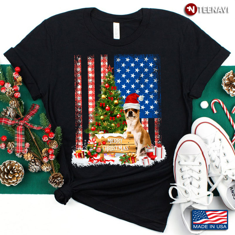 Merry Christmas Chihuahua With Santa Hat And Xmas Tree American Flag