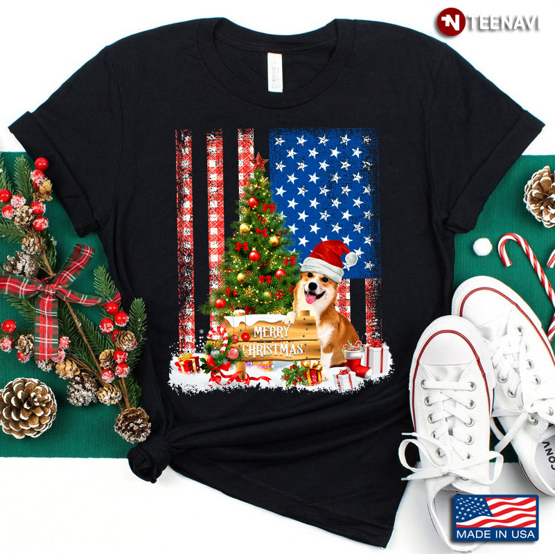 Merry Christmas Corgi With Santa Hat And Xmas Tree American Flag